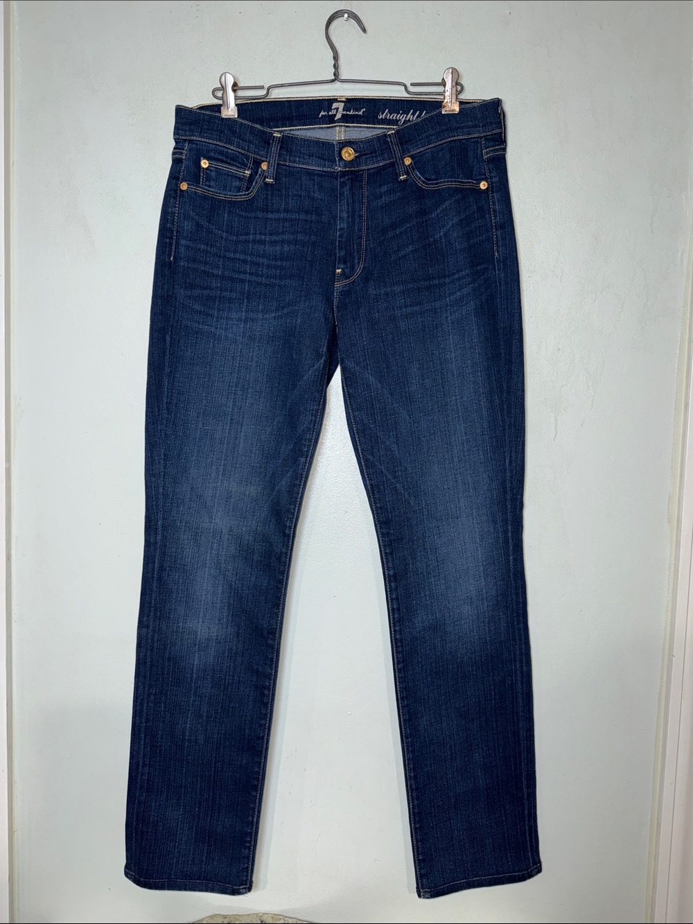 7 For All Mankind Indigo Straight Leg Low Rise Whiskered Jeans Sz 31